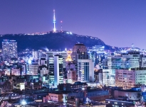 Seoul, South Korea skyline with Namsan Mountain and Seoul Tower.